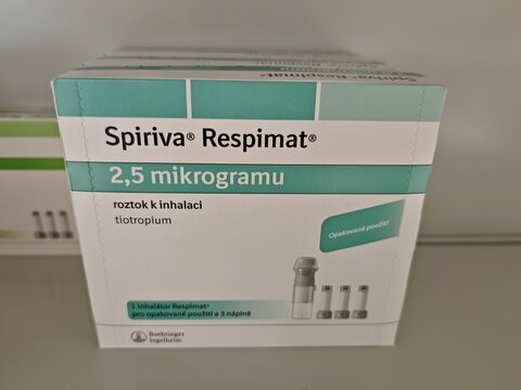 Prague,Czech Republic -December 6 2024:SPIRIVA RESPIMAT box of medication with TIOTROPIUM BROMIDE active substance by BOEHRINGER INGELHEIM, used for treatment of COPD and asthma.	
