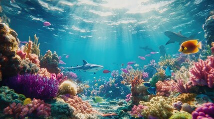 Naklejka premium Vibrant Coral Reef With Sharks And Colorful Fish