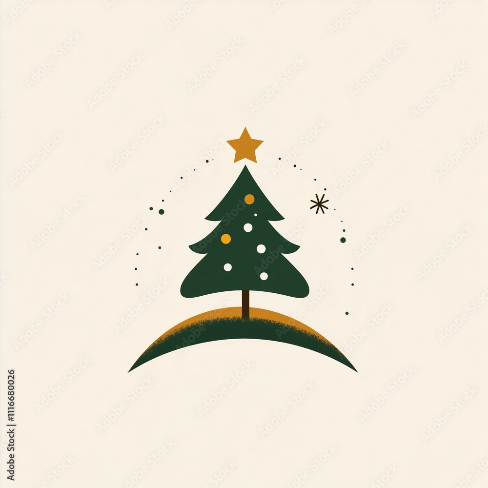 Poster simple shapes and lines of a christmas tree on top of a hill with snowflakes around it.