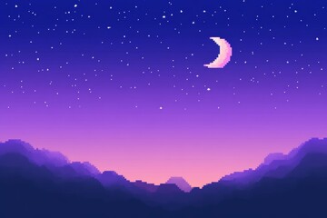 Obraz premium A computer generated image of a purple sky with a large moon, pixel art 8 bit