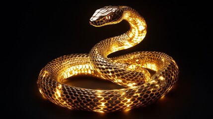 Obraz premium A golden snake, made of metal, with its head raised upwards.