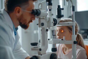 Doctor examines a girl's eyes with a device, focusing on her glowing pupil. Concept is medical eye exam. For illustrating vision care services
