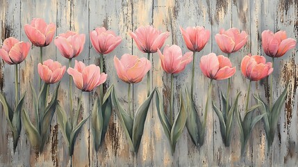Pink tulips arranged elegantly against weathered wood background, celebrating the beauty found in nature during romantic occasions
