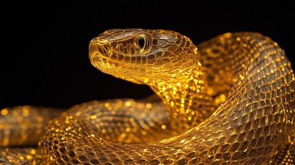 Obraz premium A golden snake, made of metal, with its head raised upwards.
