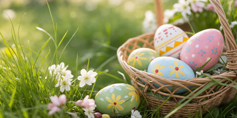 Fototapeta premium Easter Eggs on Fresh Spring Grass with a Festive Atmosphere