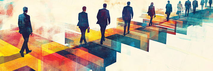 Obraz premium Corporate Leaders Walking on a Vibrant, Abstract Path of Blocks and Lines, Highlighting Strategy, Progress, and Vision in Business 