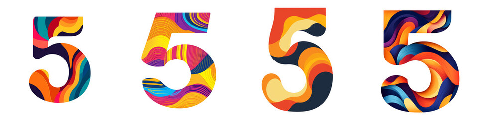 Number 5, made with bright wavy colorful pattern, logotype, Five isolated on a transparent background
