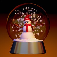 3D rendering. Transparent snow globe with snowman and snowflakes. Christmas decorative design. Merry Christmas.