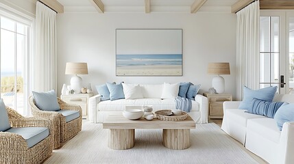 Naklejka premium Bright, airy living room with coastal decor, white sofa, blue pillows, and natural wood coffee table.