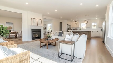 Fototapeta premium Bright, airy living room with fireplace, hardwood floors, and open concept kitchen.