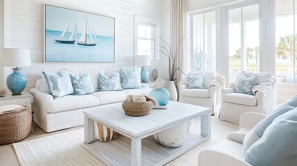 Fototapeta premium Bright, airy living room with white furniture, blue accents, and coastal artwork.