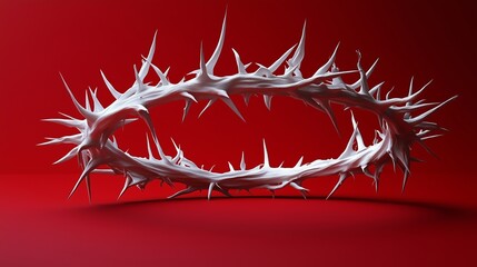 A simple, white, circular crown of thorns on a plain red background.