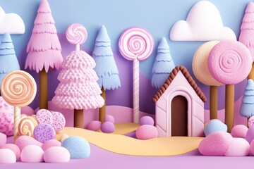 A colorful scene of a candy forest with a pink house and pink trees, pixel art 8 bit