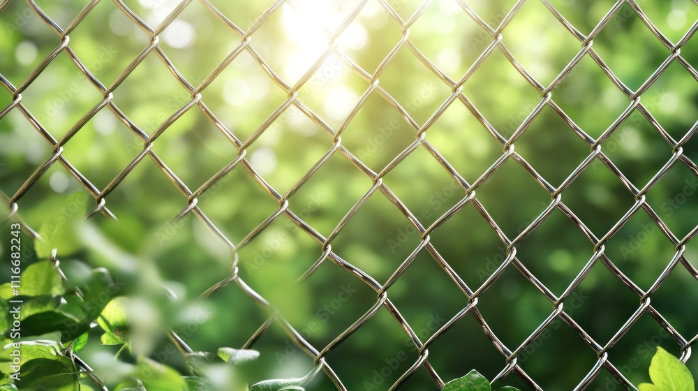 Poster A close-up view captures the intricate pattern of a metallic fence intertwined with lush greenery