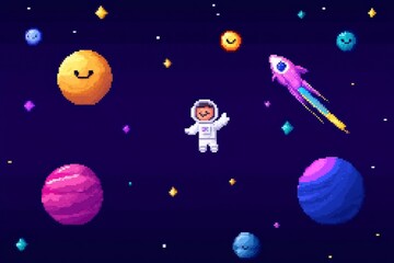 Naklejka premium A colorful space scene with a man in a spacesuit floating in the middle, pixel art 8 bit