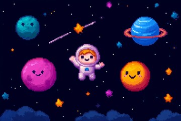 Naklejka premium A cartoon of a man in a spacesuit flying through space with a bunch of planets, pixel art 8 bit