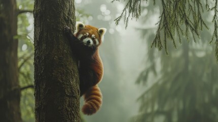 shy red panda climbing a tree, its tail hanging down as it looks curiously at the camera, ,