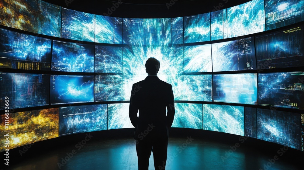 Aufkleber a lone man silhouetted against a wall of screens displaying complex data patterns.