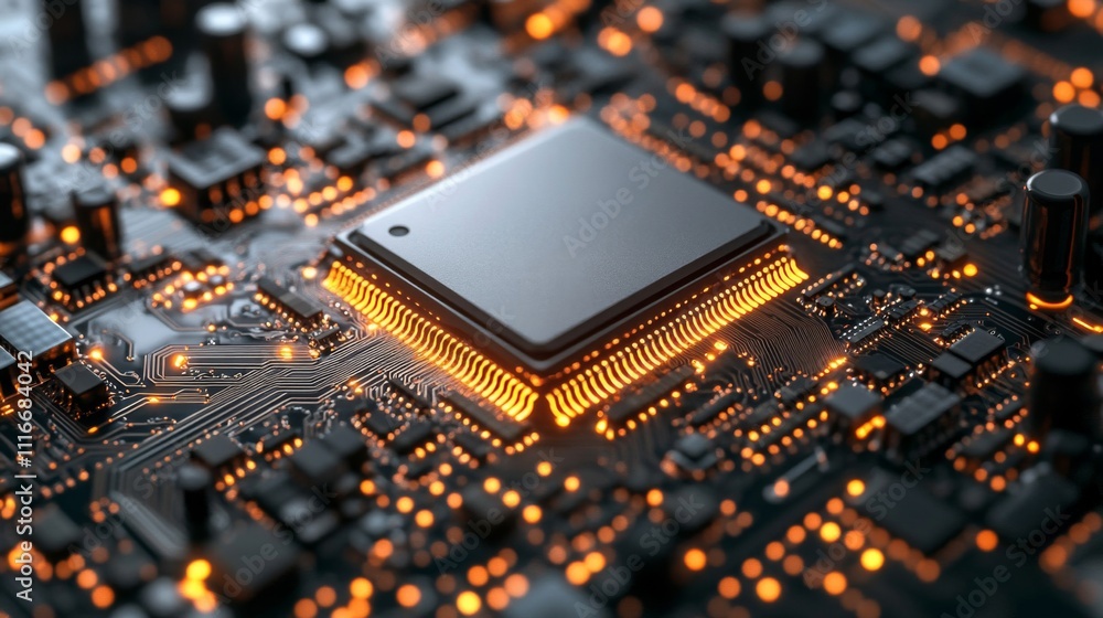 Poster close-up of a microchip on a circuit board with glowing orange lines