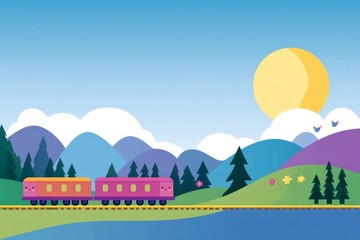 The scene is peaceful and serene, with the train moving along the tracks, pixel art 8 bit