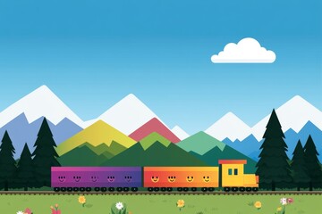 Fototapeta premium The train is surrounded by trees and flowers, creating a peaceful, pixel art 8 bit