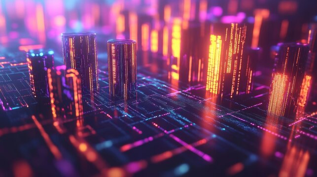 Illuminated Skyscrapers in a Digital Cityscape