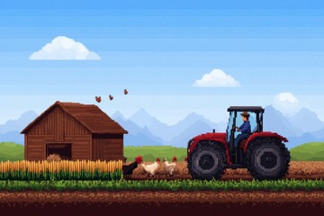Naklejka premium A man is driving a tractor in a field with chickens, pixel art 8 bit