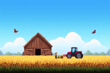 Fototapeta premium A man is working in a field with a tractor, pixel art 8 bit