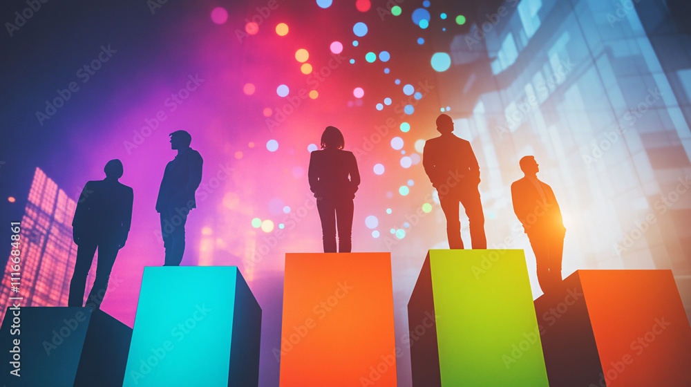 Poster employees standing on vibrant bar graphs with floating dots above, symbolizing data analysis, foreca