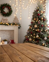 A beautifully decorated living space features a sparkling Christmas tree adorned with ornaments and lights. A empty wooden table in the foreground. Product presentation template. AI