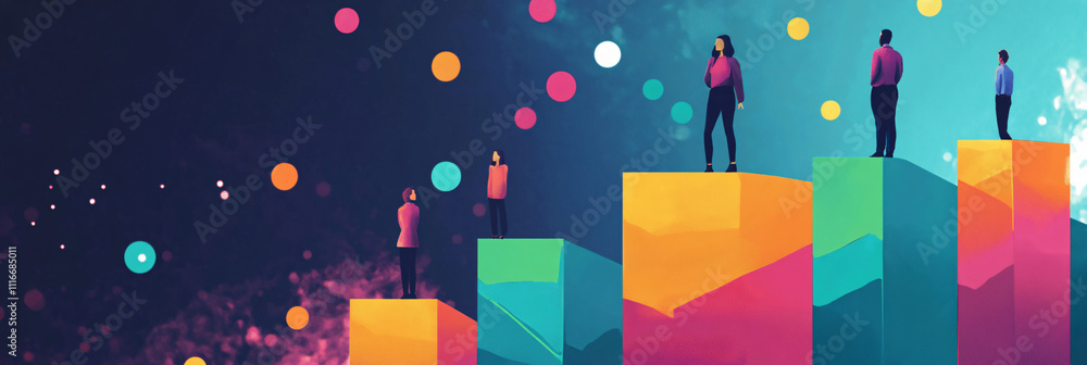 Poster employees standing on vibrant bar graphs with floating dots above, symbolizing data analysis, foreca