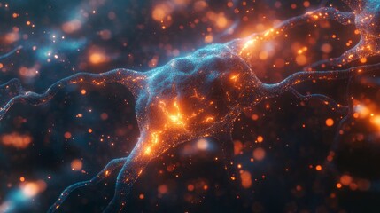 Fototapeta premium Floating amidst a sea of luminous particles, this captivating close-up reveals the stunning architecture of neural connections, radiating orange and blue hues. A mesmerizing sight