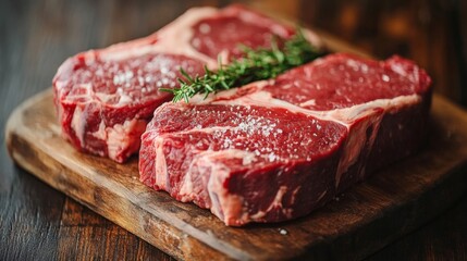 Fototapeta premium Two Raw Ribeye Steaks with Salt and Rosemary on a Wooden Cutting Board