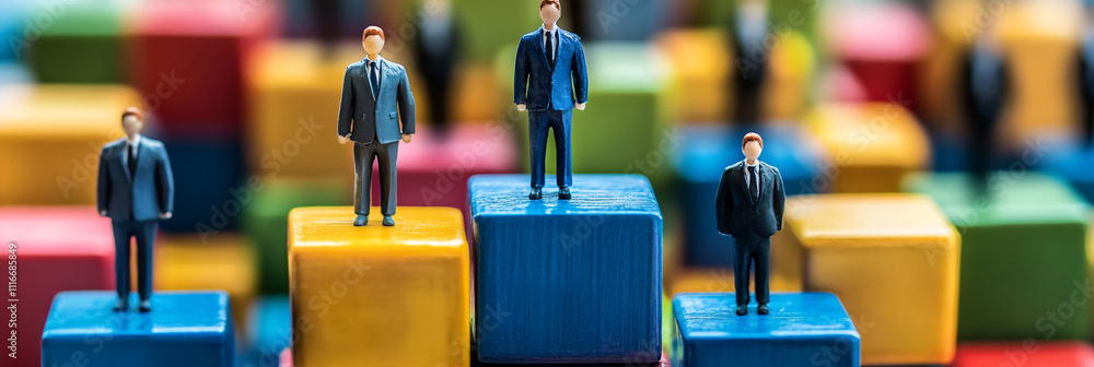 Poster figures in business attire balancing on colorful towers of cubes, each cube representing a skill or 
