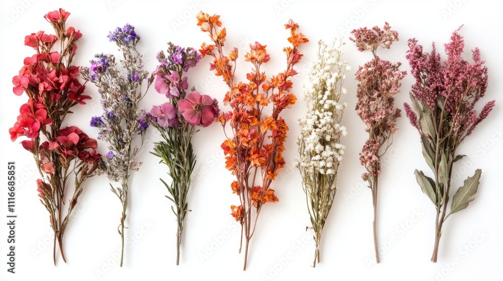 Aufkleber an exquisite collection of dried flowers displayed in a linear arrangement. each flower showcases it