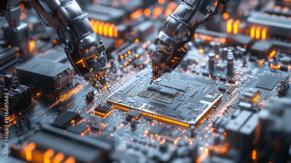 Poster robotic arms assembling a circuit board with glowing components
