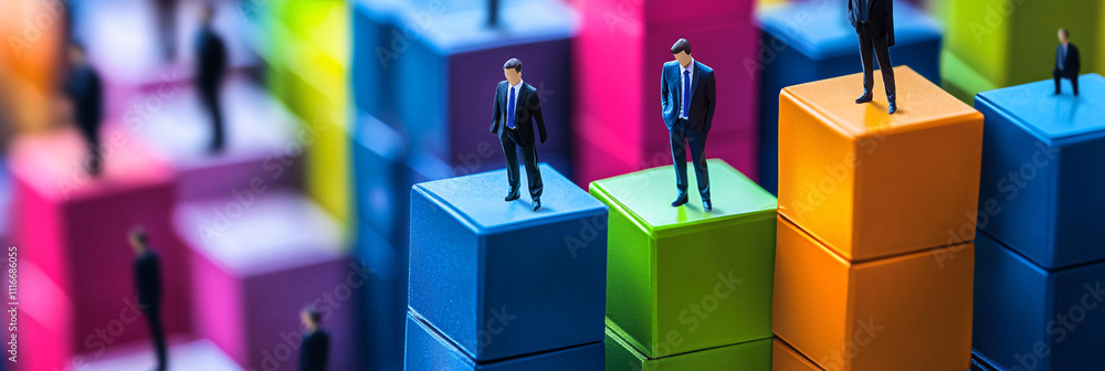 Poster figures in business attire balancing on colorful towers of cubes, each cube representing a skill or 