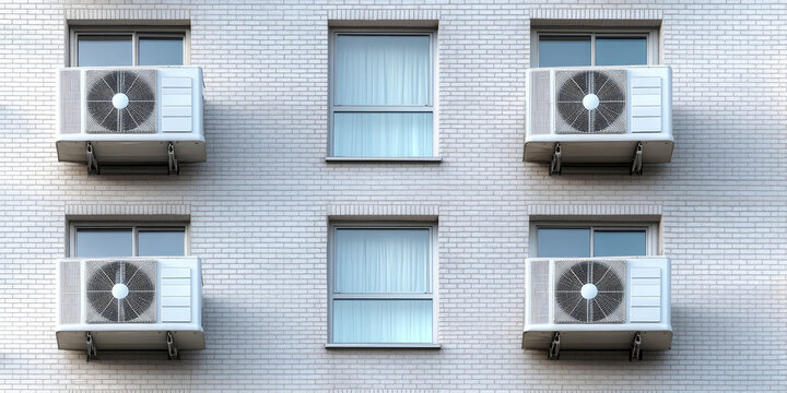 Exterior view of a block of flats with split system air conditioner outdoor units. Efficient cooling and ventilation of residential and commercial premises