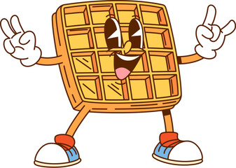 Cartoon groovy Belgian waffle fast food character with peace signs. Isolated vector wafer, cute fresh appetizer retro y2k personage with smiling face. Freshly baked confectionery, funky pastry snack