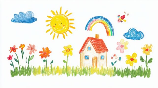 children drawing a house, flowers, sun, and rainbow on a white background, vibrant and colorful minimalistic design