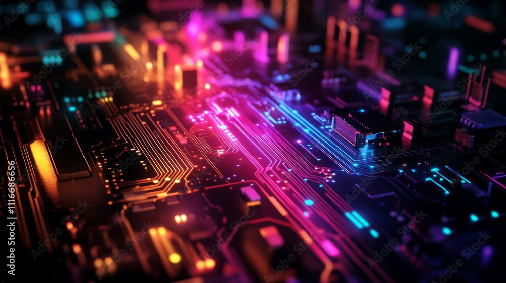 Poster close-up of a neon-lit circuit board with intricate pathways
