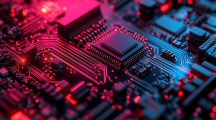 Fototapeta premium Close-up of a Circuit Board with Red and Blue Lighting