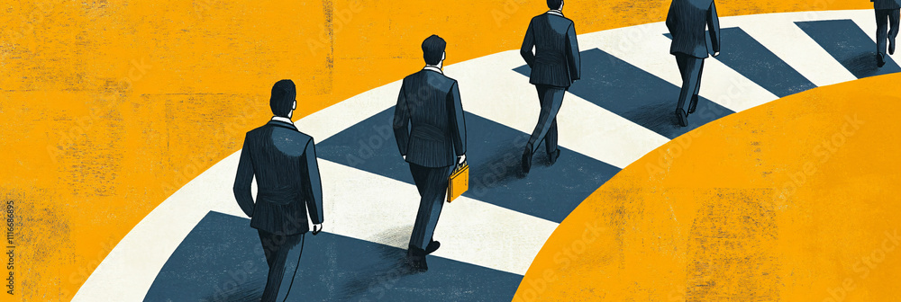 Poster figures in suits moving between rotating circles, each depicting different stages of career developm