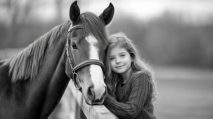 Obraz premium young girl sitting on a fence next to a horse, the horse nuzzling her shoulder affectionately, ,