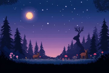 Fototapeta premium A computer generated image of a forest at night with a full moon in the sky, pixel art 8 bit