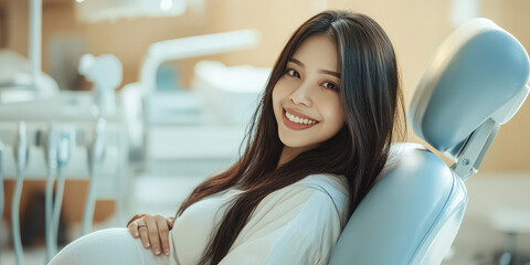 Happy young pregnant woman in the medical office during an appointment at the fertility and maternity clinic