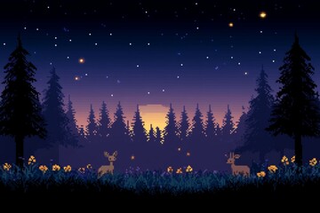 Naklejka premium A computer generated image of a forest at night with two deer in the foreground, pixel art 8 bit