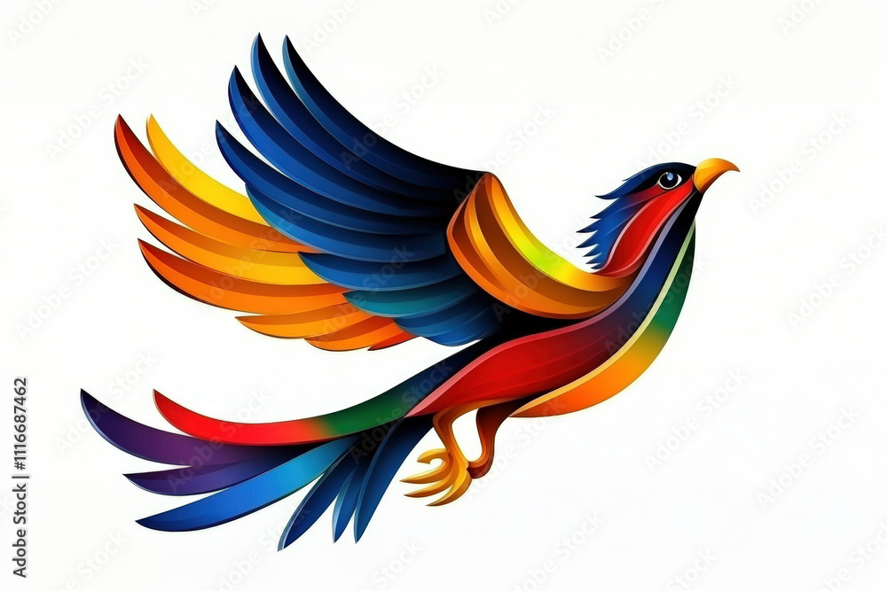 Poster vibrant multicolor phoenix bird in flight with dynamic line art and gradient hues