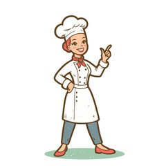Obraz premium A dynamic vector illustration of a smiling modern female chef. She wears a white chef's uniform paired with a red scarf and blue pants, showcasing a stylish and approachable look.