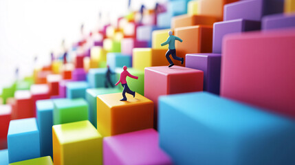 Fototapeta premium Figures Running Along a Path of Colorful 3D Blocks, Each Step Leading to a New Goal, Highlighting Career Ambition and Achievement 